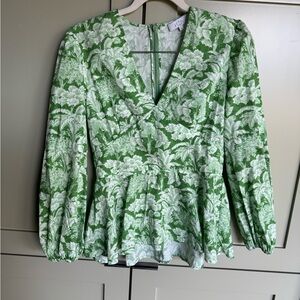 Pearl by Lela Rose Green Floral Blouse